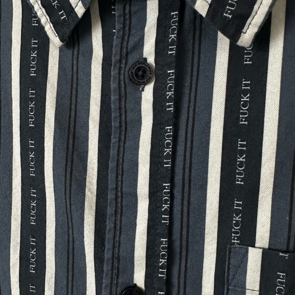 HUF Men's Navy and White Striped Button Down Shirt Funny Message Size- Mens L - Picture 9 of 10